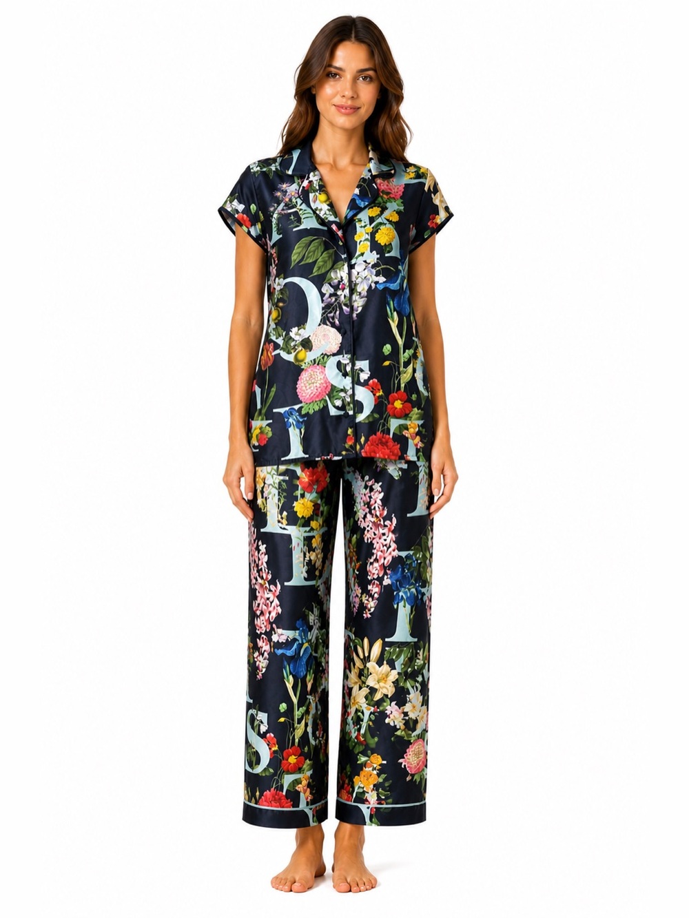 Ted Baker Floral Pajama Set Navy Blue Multicolor Elegant Lounge Size 12